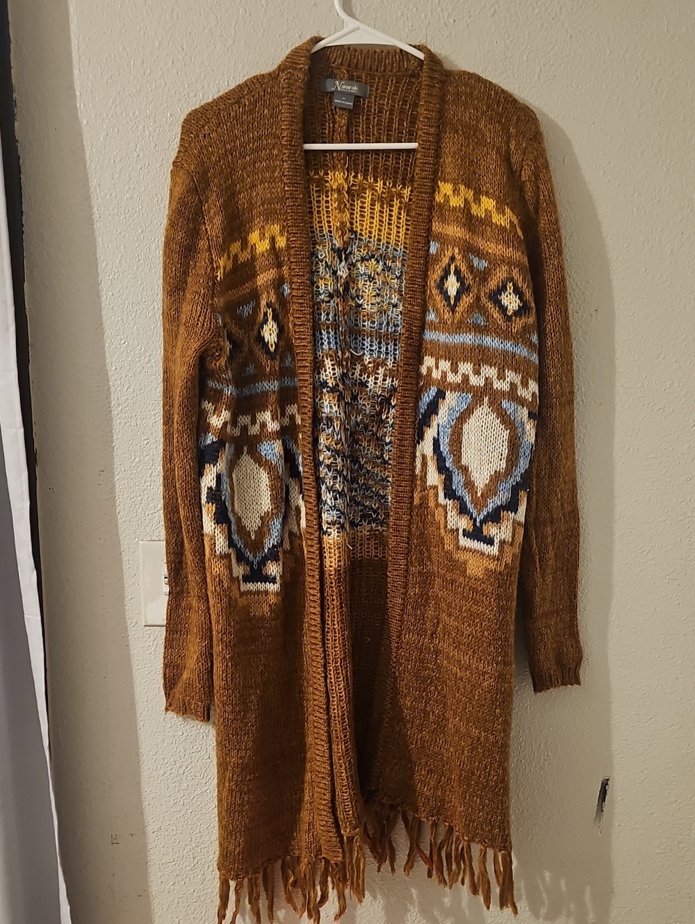 Natural Reflections Brown Aztec Fringe Cardigan with Blue and Cream Accents
